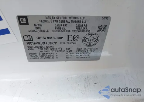 2015 Chevrolet Silverado 2500Hd Ltz из США, поврежденный, VIN 1GC1KWE88FF603591